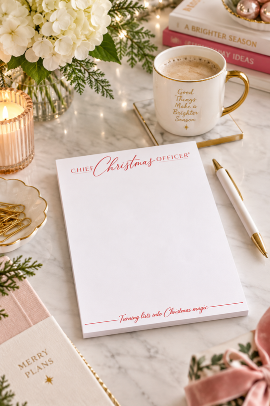 A white notepad with elegant red script reading 'CHIEF Christmas OFFICER' and a tagline at the bottom, styled on a marble surface with a coffee mug, pen, flowers, candle, and stationery.